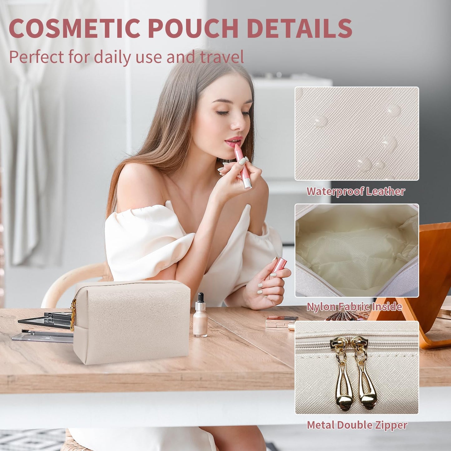SMONT Makeup Bag for Women, PU Leather Cosmetic Pouch Skincare Make Up Beauty Bag Waterproof Beige