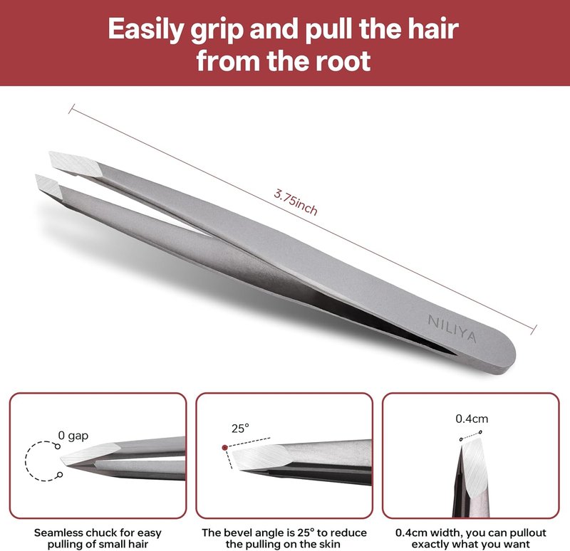 Skiennix Eyebrow Tweezers - Precision Slant Design with Comfortable Grip & Travel Case