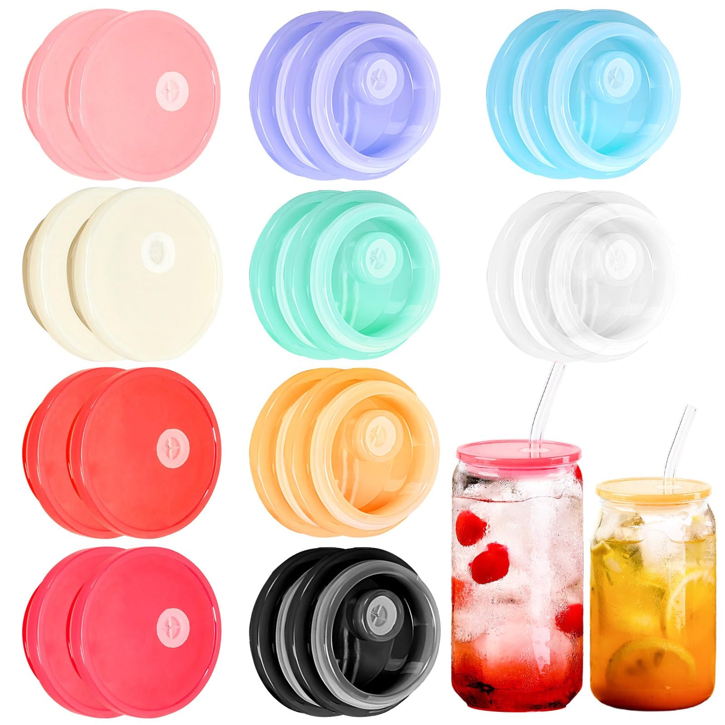 20-Pack Colorful Acrylic Cup Lids with Straw Hole - Spill-Proof Reusable Covers for 16oz Glasses & Tumblers - Perfect for Iced Coffee, Beer, Beverages