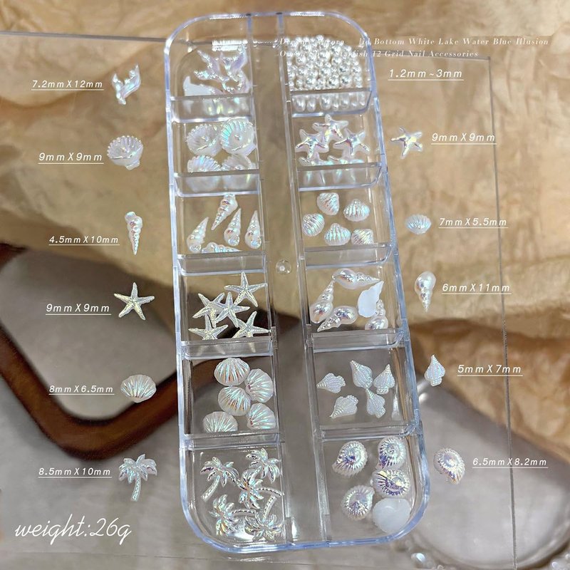 2 Boxs Summer Beach Nail Charms 3D Ocean Nail Gems Aurora Blue White Mermaid Starfish Conch Fishtail Tree Shell Charms for Acrylic Nail Art Resin Nail Rhinestones for Women DIY Manicure Accessories