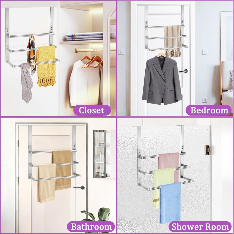 Over The Door Towel Rack - 16-Inch Stainless Steel Towel Holder | 3-Tier Brushed Nickel Design for Bathroom Storage