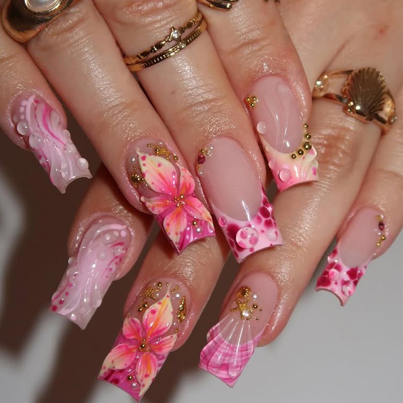24Pcs Summer Starfish Press on Nails Long Square Fake Nails 3D Pink Floral with Gold Rhinestones Cute Design Ocean Beach Glue on Nails Acrylic French Tip False Nails Stick on Nail for Women Manicure
