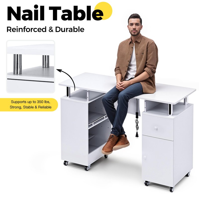 HolaiNail Manicure Table Nail Desk for Nail Tech, Acetone Resistant Beauty Salon Station with Dust Collector, Wrist Pad, Lockable Wheels, Drawer & Cabinet, White