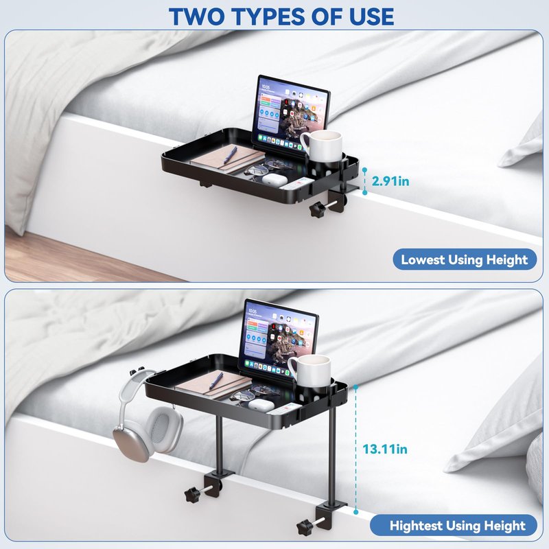 Bedside Shelf Bunk Bed Shelf for Top Bunk Clip on Bedside Table Tray Loft Nightstand Attachable Bedside Table Cup Holder Headboard Organizer Attachment 2 Height College Dorm Room Bed Accessories Black