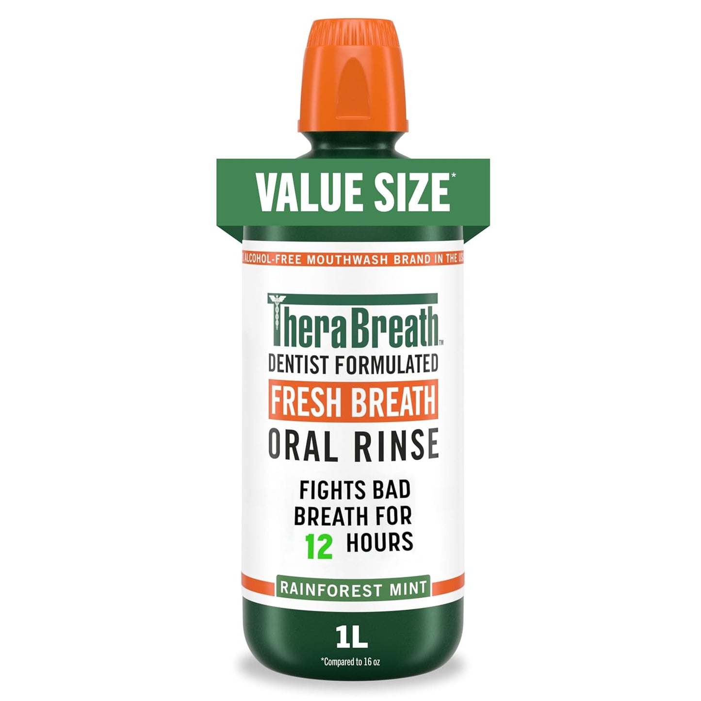 TheraBreath Fresh Breath Mouthwash - Alcohol-Free Rainforest Mint | 33.8 oz (1 L)