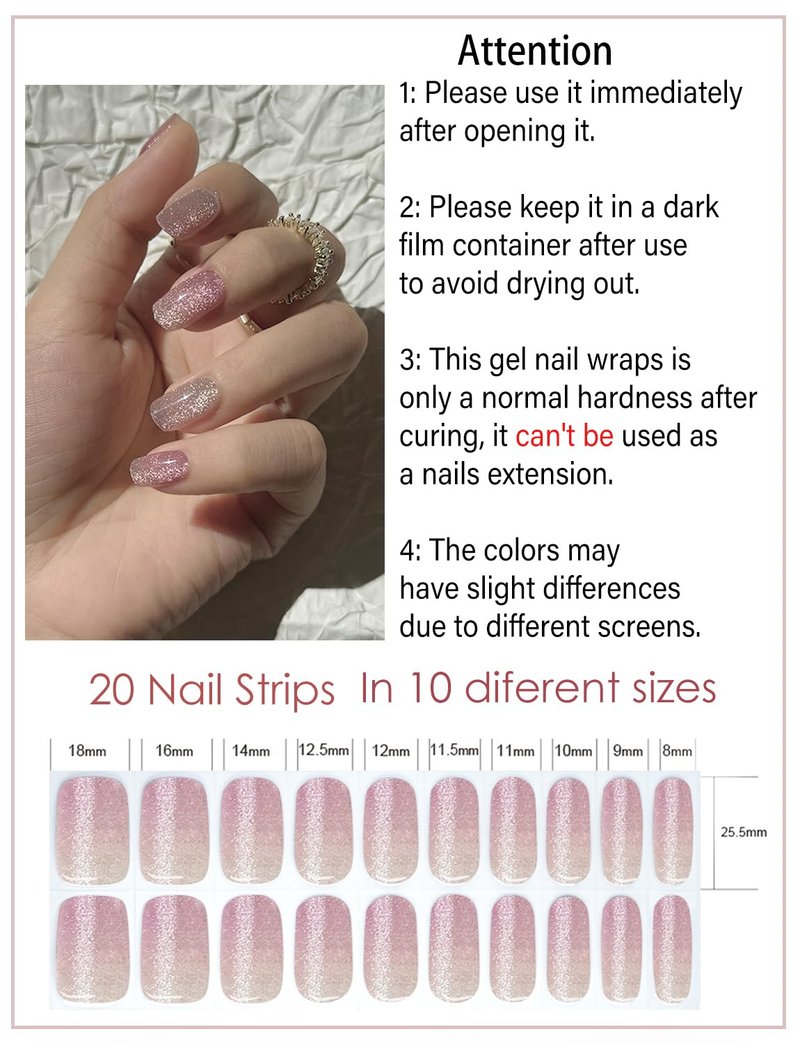 Semi Cured Gel Nail Strips, Nude Pink Cat Eye Gradient 20pcs UV Gel Nails Sticker, Nail Wraps UV for Home Nails DIY