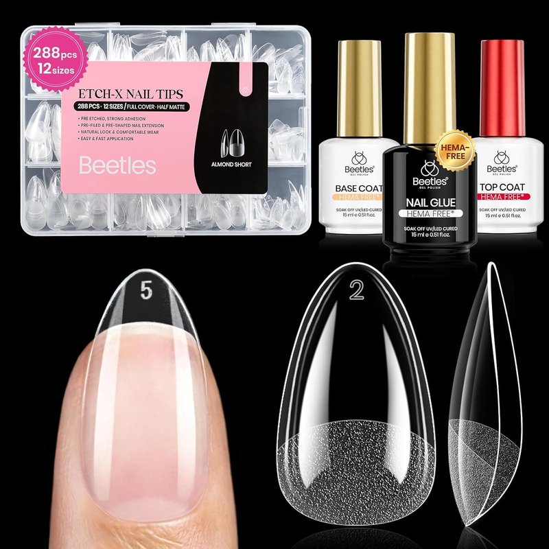 Beetles Gel Nail Kit - Almond Short 288pcs Nail Tips | HEMA-Free Glue, Top Coat & Base Gel Set for DIY Extensions