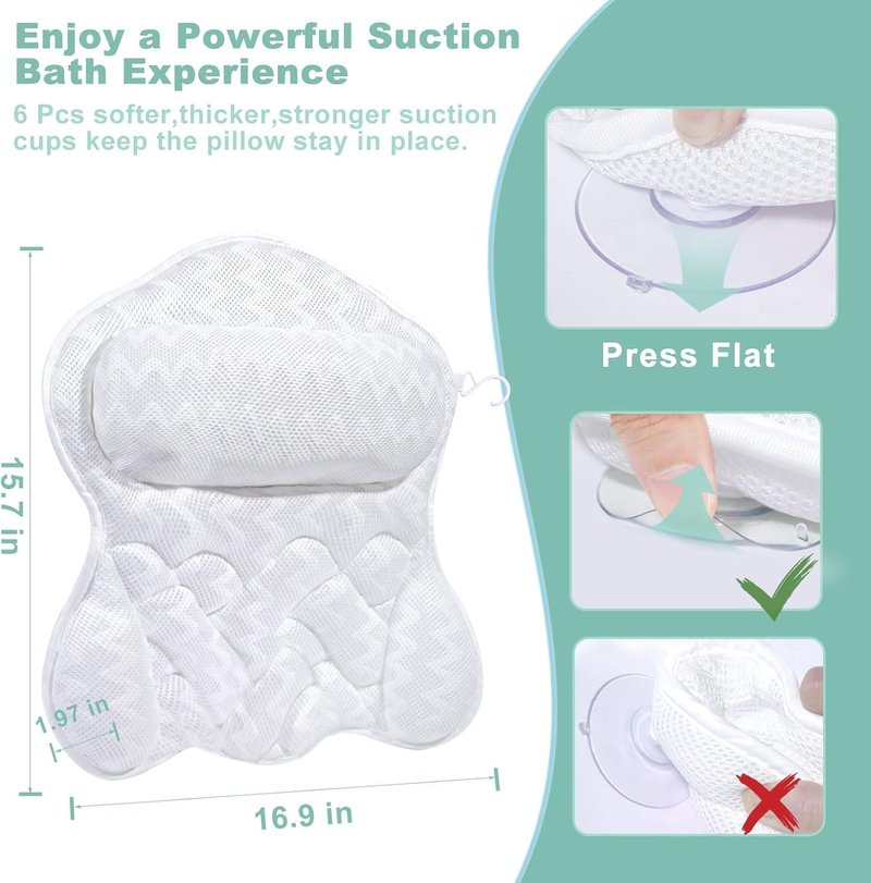 ODOX.MS Bath Pillow for Tub,Bathtub Pillow,Bath Pillows for tub Neck and Back Support,4D Mesh Fabric Strong Suction Waterproof Relaxing Headrest,Bath Accessories Spa Gifts