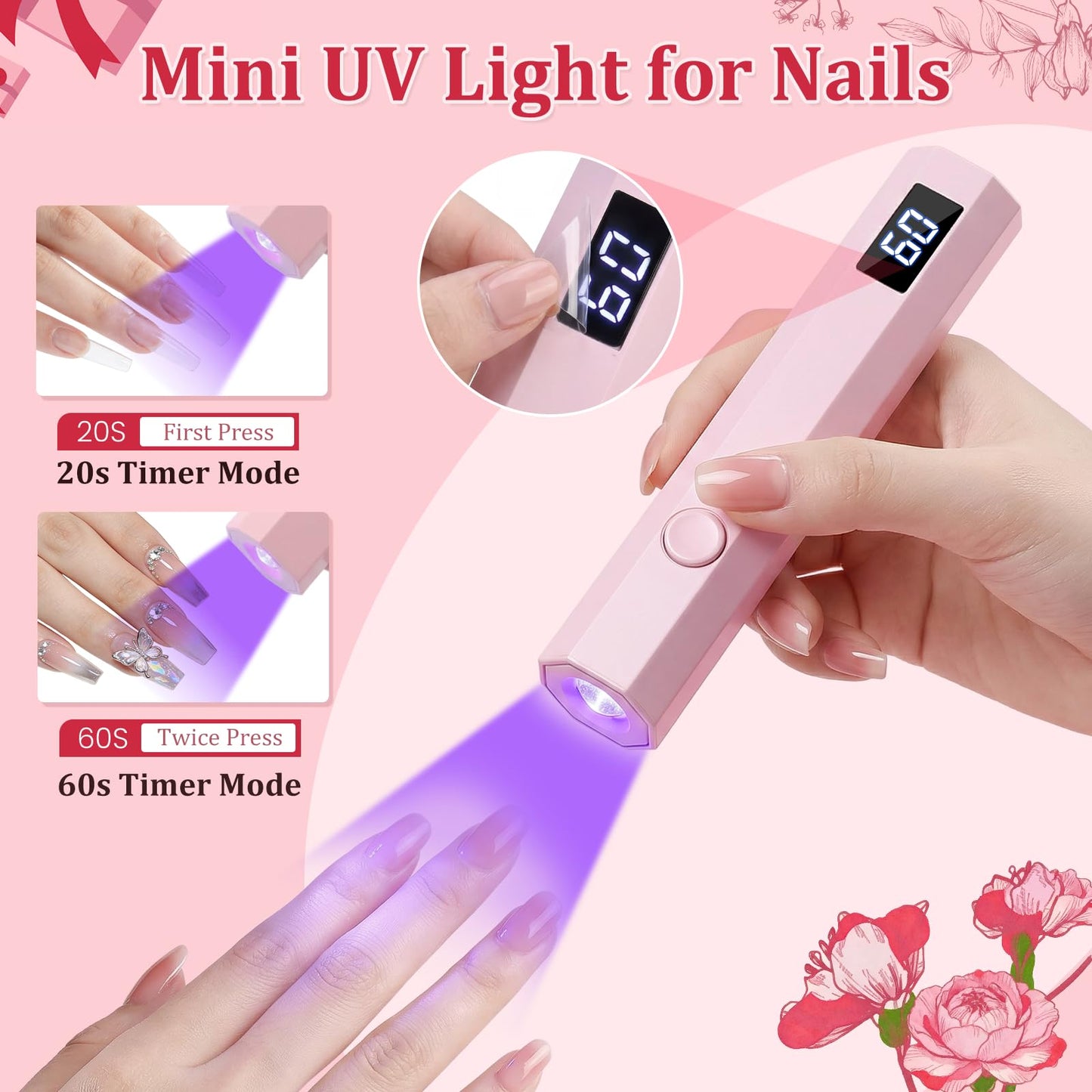 Ziumrw Handheld UV Nail Light for Gel Nails, Flash Cure Nail Lamp with LED Display, Mini Led Nail Lamp Pen Settings 20/60s Timer, Hand Held Nail Light for Glue Polish Home Salon DlY