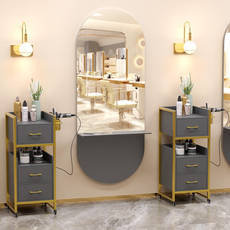 OmySalon Salon Trolley Cart, Hair Styling Station with 3 Drawers, 2 Open Shelf & Tool Holders, Mobile Barber Storage Cabinet Utility Trolley for Beauty Salon Spa, Gery
