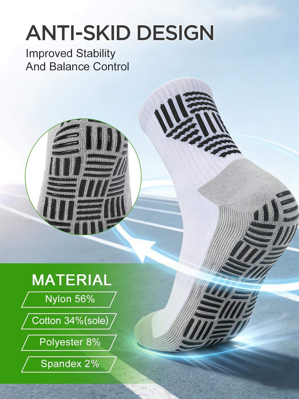 Veridra 1 Pair Men's Grip Socks for US 7-12.5, Anti-Slip Athletic Grippy Soccer Socks Non Slip Pads for Football Basketball Pilates Hospital Yoga, Whtie