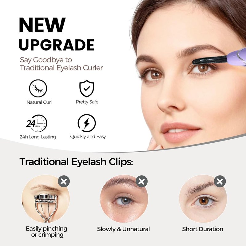 Heated Eyelash Curler - Rechargeable 8-Second Curling Tool for Long-Lasting Natural Makeup | Lilac/Silver, 148MM
