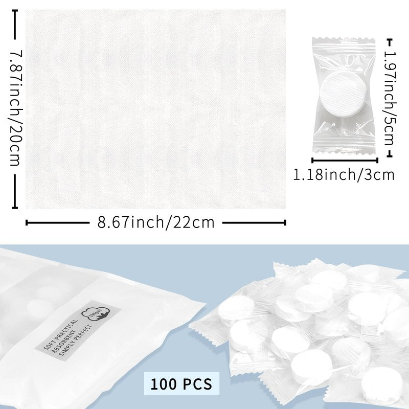 Classycoo Compressed Towel 100 PCS Mini Tablets Disposable Portable Face Towel Cotton Coin Tissue for Travel, Camping, Hiking, Sport, Beauty Salon, Home Hand Wipes and Other Outdoor Activities (White)