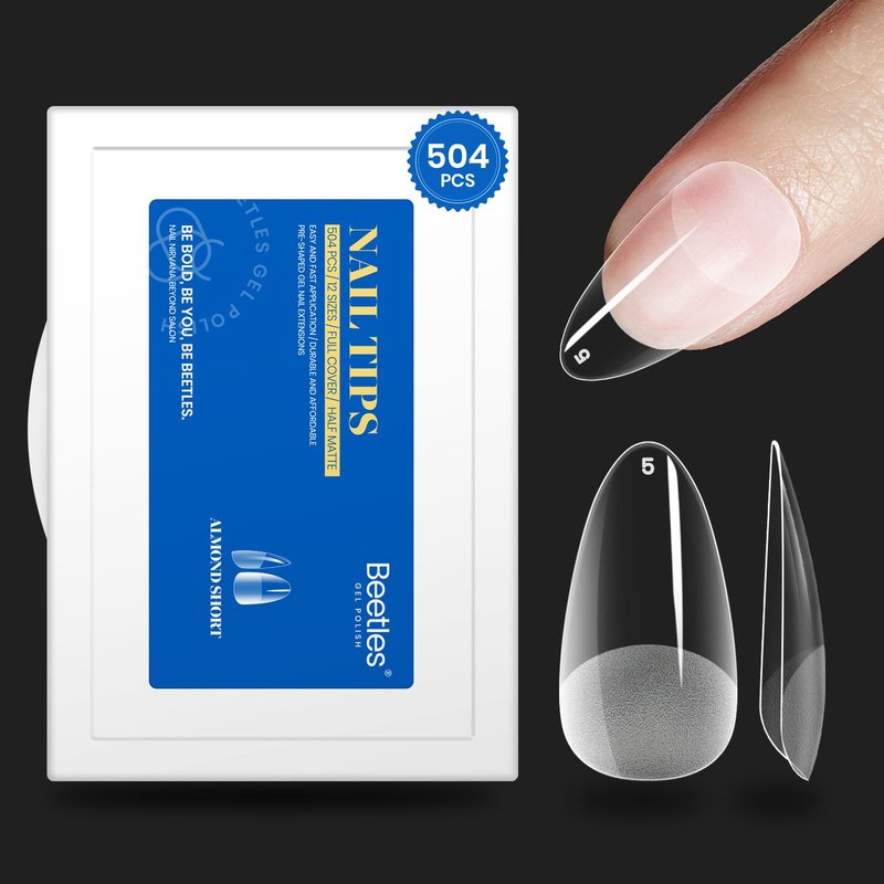 Beetles Gel Nail Tips Easy Nail Extension Etch X Nail Tips 12 Sizes 504Pcs Short Almond Half Matte Tips Gelly Tips Full Cover False Tips Gifts for Girls