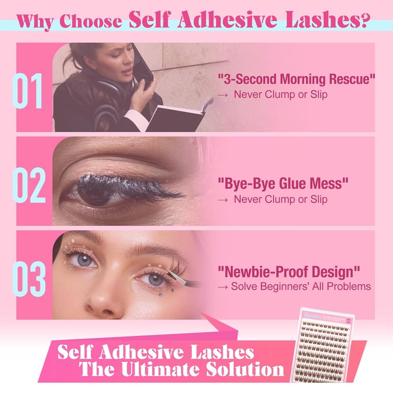 Self-Adhesive Eyelash Clusters - Brown Wispy Individual Lashes | Reusable 8-14mm C Curl Extensions