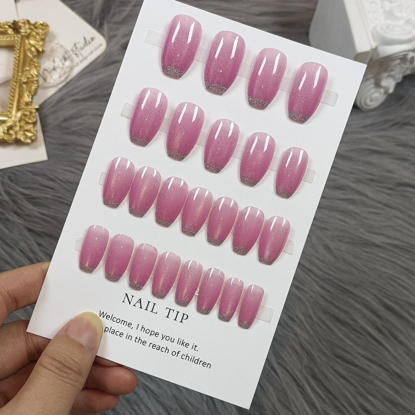 TENPAL Ballet Press on Nails Medium,Pink Cat Eye Glow & Negative Space French Tips False Glue on Nails,Prism Dust Glitter Fake Nails Kit,Y2K Minimalist Nail Art with Tools,Reusable 24pcs Glossy Nails