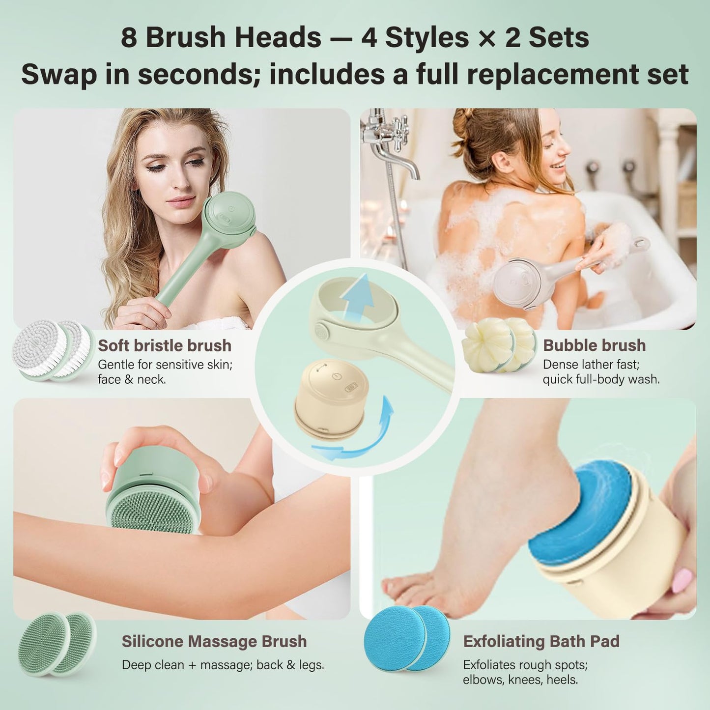 Xquyk Electric Body Brush Back Scrubber for Shower, 8 Replaceable Heads and Hook, Long Handle, 2-Speed, Type-C Rechargeable, Waterproof, for Cleansing, Exfoliating and Massaging Skin（Green）