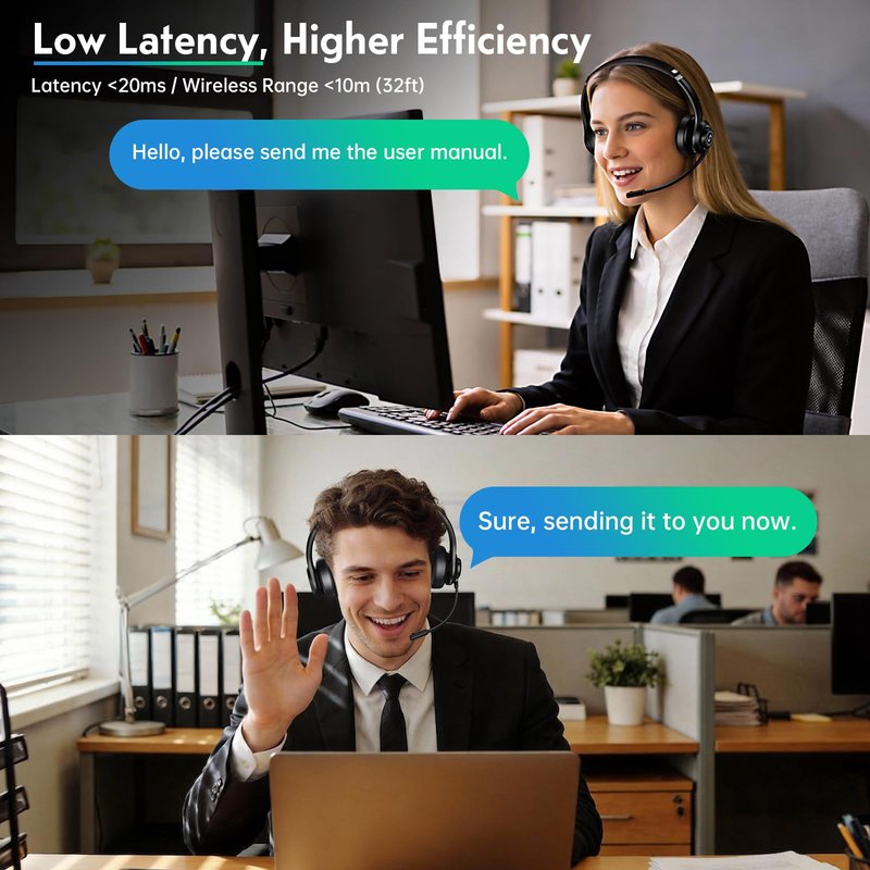 Surpixo Wireless Headset with Mic for Work, Dual-Mode Bluetooth & 2.4GHz Dongle, 50H Talk Time, Headphone with mic ENC Noise Cancelling fit for Computer/Laptop/Teams, Glasses-Friendly- Black