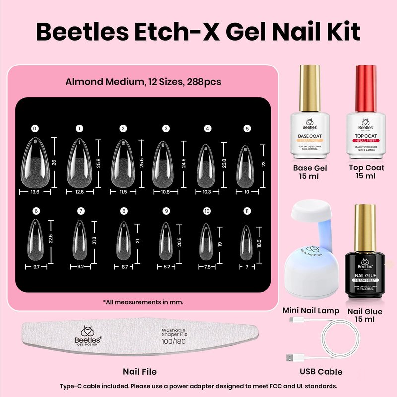 Beetles Gel Nail Kit Etch-X, Almond Medium, 288pcs 12 Sizes Nail Tips, 3Pcs 15ml HEMA-Free Nail Glue Top Coat & Base Gel Set, with Mini Lamp, Press On Nail, Long Lasting Extension DIY Set at Home