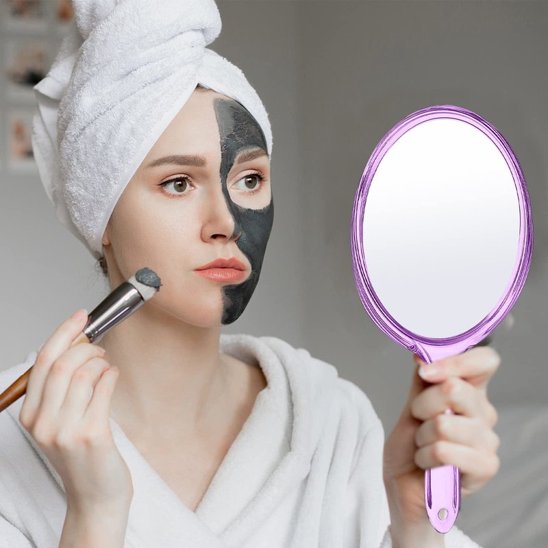 D Hand Mirror with Handle, Handheld Mirror Small Magnifying Mirror 1X 2X Doule Sided Handle Makeup Mirror, Acrylic Handheld Mirror Rounded Shape Purple