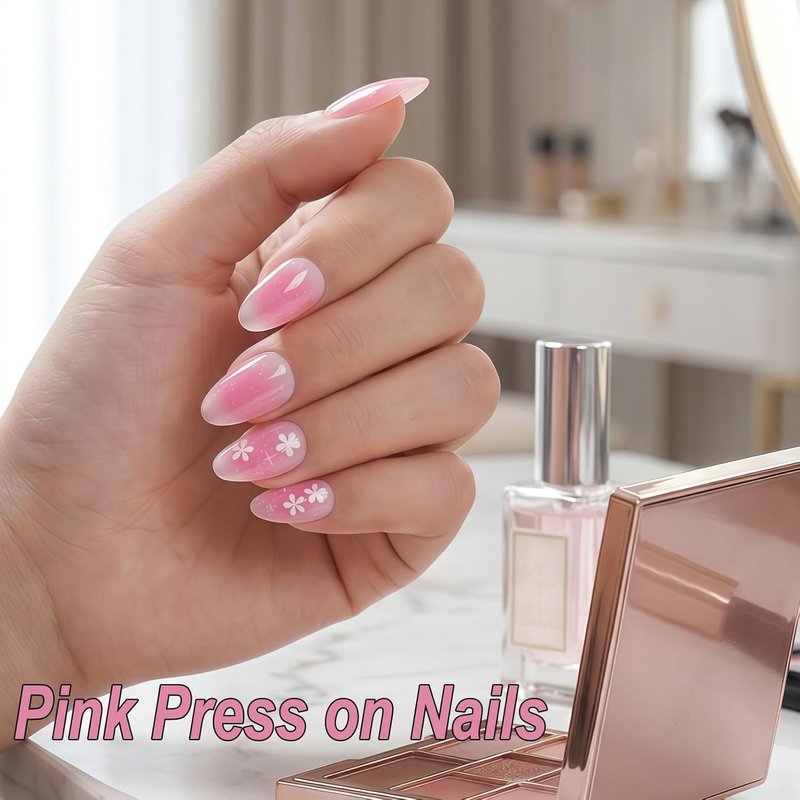 Pink Ombre Press-On Nails - Medium Almond 24 Pcs | Glossy Gradient Floral & Glitter Designs, Reusable Manicure Kit for Women & Girls