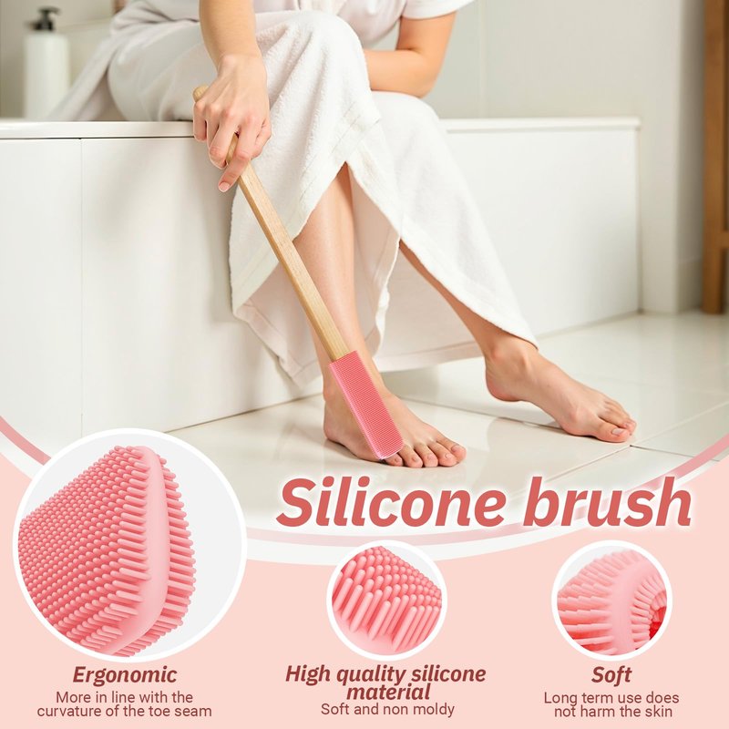 ELFRhino Long Handle Toe Gap Cleaning Brush+Body Shower Brush+Foot Grinder, Silicone Foot Scrubber for Shower, Feet Cleaner Scrub Foot Care for Seniors,Elderly, Men and Women,Pink