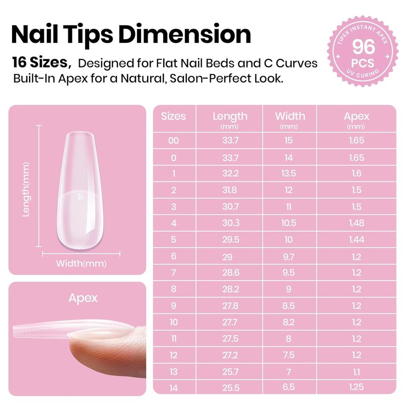 Beetles Tipex Lite Instant Apex Nail Tips, Long Coffin, 16 Sizes | 00–14, Built-in Apex Acrylic Tips for Flat & Natural Nail Beds, Beginner-Friendly Easy DIY Nail Extensions