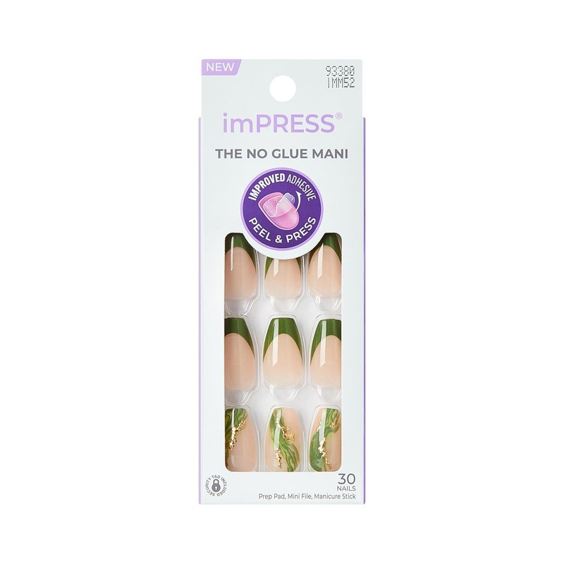 Kiss Impress No Glue Mani Press On Nails, Design, 'Ballerina', Green, Medium Size, Coffin Shape, Includes 30 Nails, Prep Pad, Instructions Sheet, 1 Manicure Stick, 1 Mini File