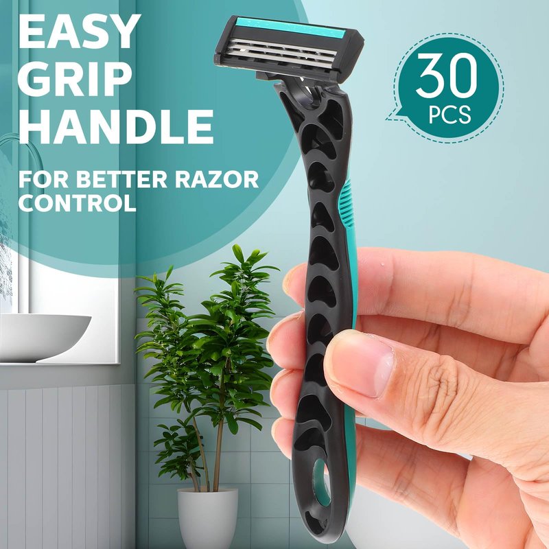 Leriton 30 Pcs Men's Disposable Razors Bulk 3 Blade Men Razors for Head Sensitive Skin Comfortable Shave, Individually Wrapped