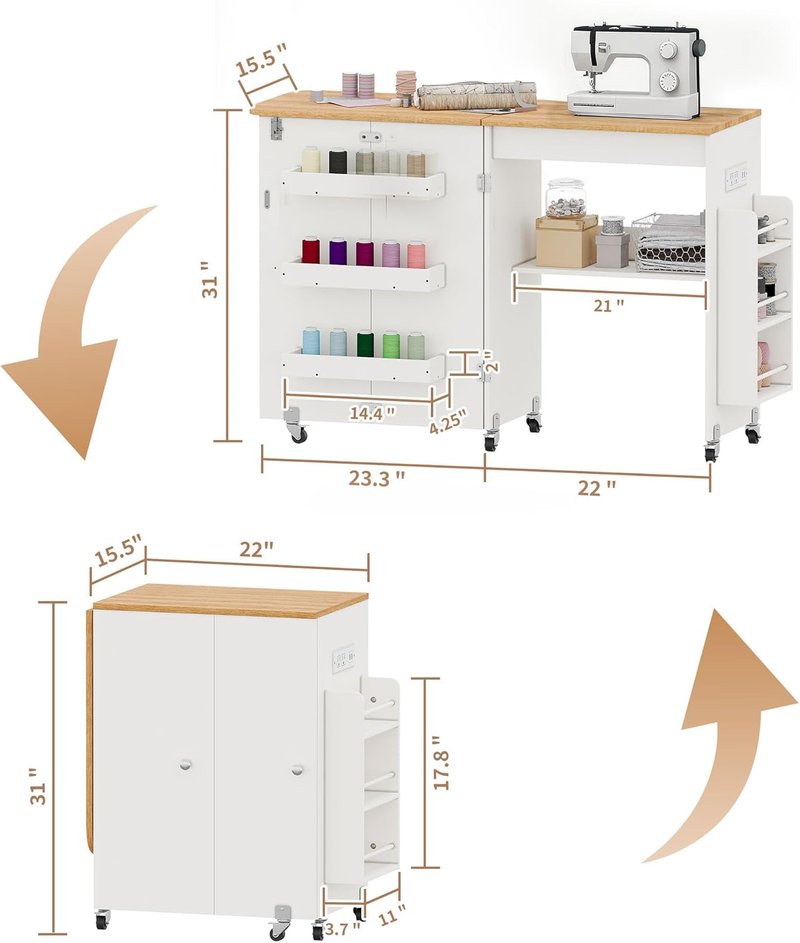 Folding Sewing Table with Power Outlet, Rolling Sewing Desk with Side Storage Rack, Compact Portable Sewing Cabinet for Sewing Machine, Craft Table Organizer for Home (White)