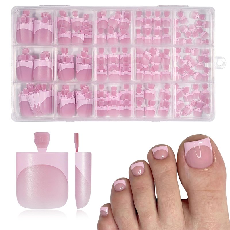 AddFavor Toe Nail Press ons - 150pcs Press on Toenails for Women, Pink French Tip Toe Press on Nails Fake Toe Nail Tips Square Fake Toenails in 15 Sizes Acrylic Toenail with Adhesive Tabs