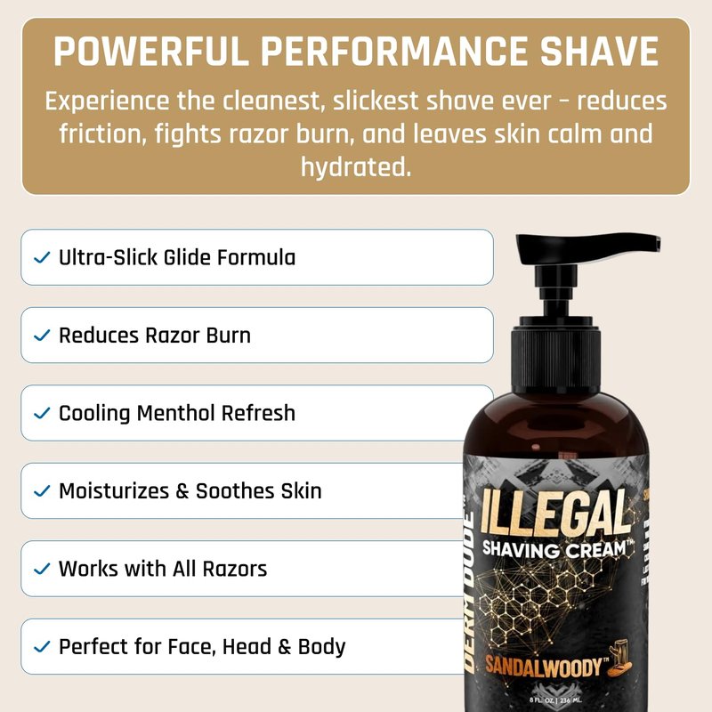 Derm Dude Illegal Shave Cream for Men | Ultra-Slick Shaving Cream for Sensitive Skin | Fights Razor Burn, Bumps, Nicks & Cuts | Smooth Glide Formula – Sandalwoody Scent, 8oz