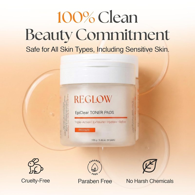 ReGlow EpiClear Toner Pads - Exfoliating Facial Pads with PHA, AHA, BHA & Niacinamide - Hydrating & Resurfacing Daily Peel for Smooth Skin | 60 Pads