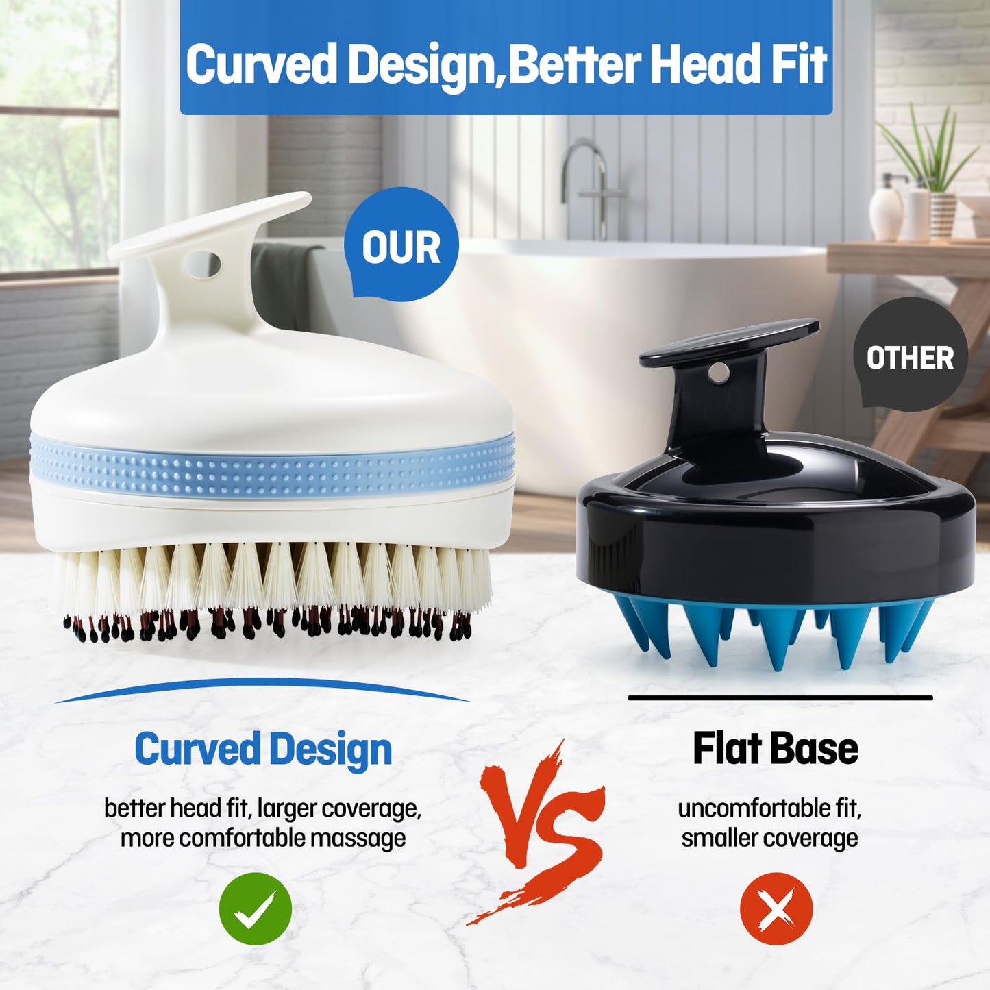 Wonsagain Scalp Massager with Double-Layer Bristles,Anti-Slip Rich-Lathering Hair Washing Shampoo Brush,Curved Scalp Scrubber with Better Head Fit for Dandruff Removal,Wet&Dry Use Scalp Stimulator.