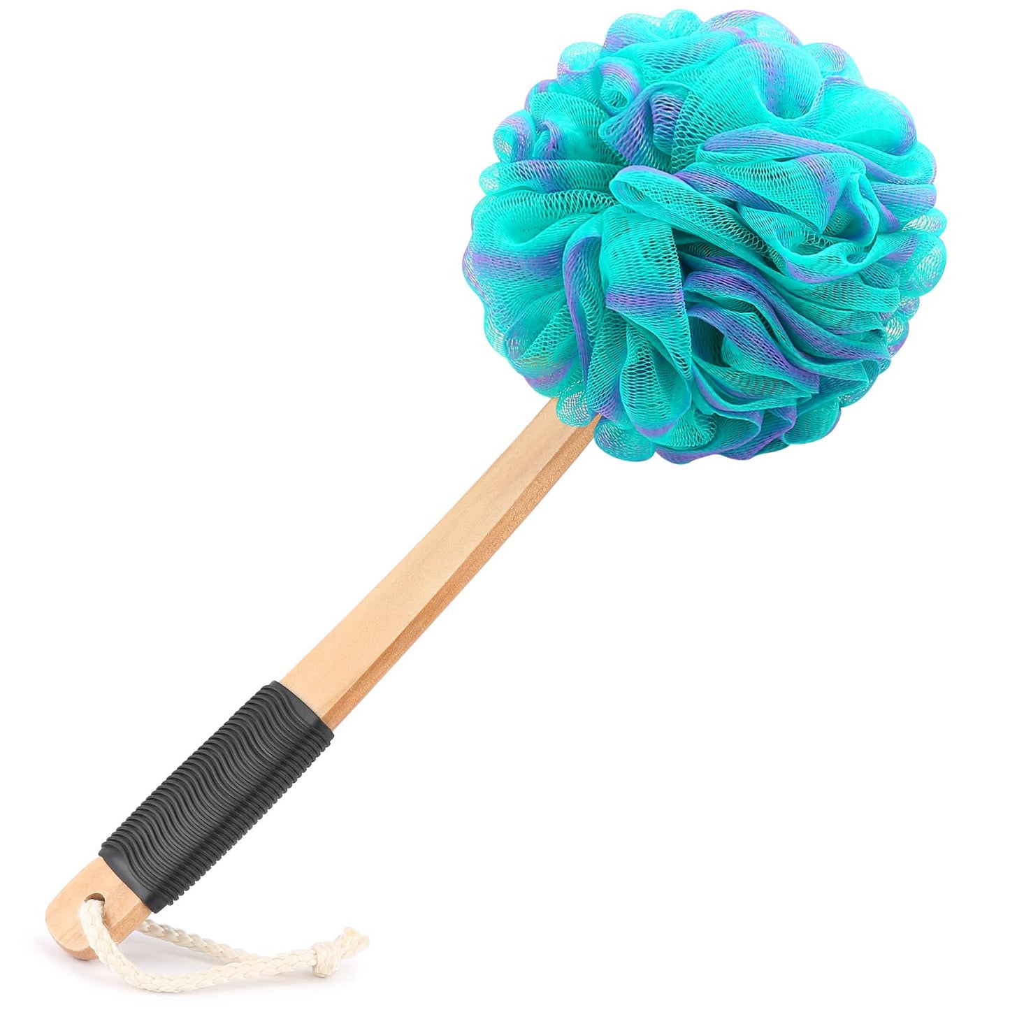 Loofah on a Stick PE Soft Mesh Luffa with Non-Slip Wooden Handle Made of Soft and Sturdy Rubber Material Back Scrubber for Shower for Women and Men with String for Easy Hanging(Green)