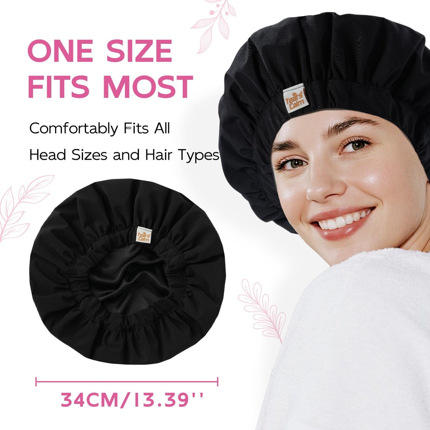Years Calm Luxury Shower Cap for Women, Color Changing Shower Cap Reusable Waterproof, Flexi Satin Lined, Stylish Hair Cap for Shower, Washable Elastic Band Bath Cap for Long Hair, Braids (Black)