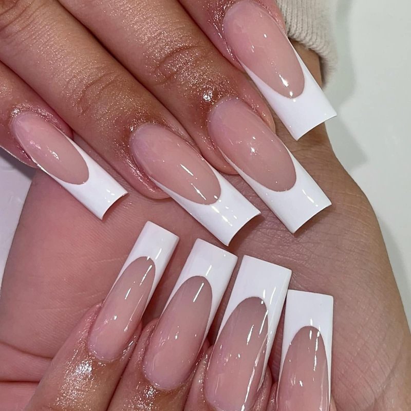 Long Press French Nails - Pinkish-White Acrylic Tip - Full Cover Glossy False Nails with Minimalist Design - 24 Pcs