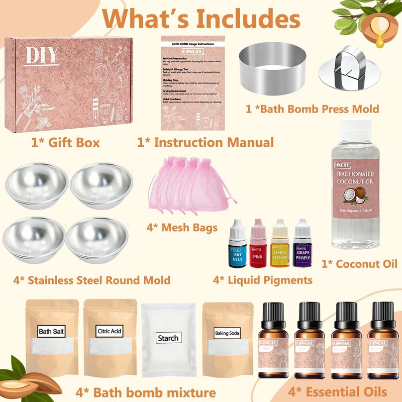 DINGTU Bath Bomb Making Kit, DIY Bath Bomb Kit for Adults & Teens, Make Your Own Bath Fizzy with Bath Bomb Molds, Essential Oils, Relaxing Bath Time Home Creative Spa Gift for Her, Women