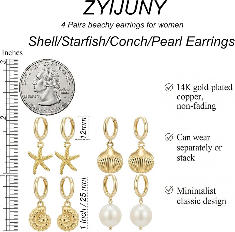 Skiennix Huggie Hoop Earrings Set - 14K Gold Plated Ocean Elements | Shell, Starfish, Conch, Pearl
