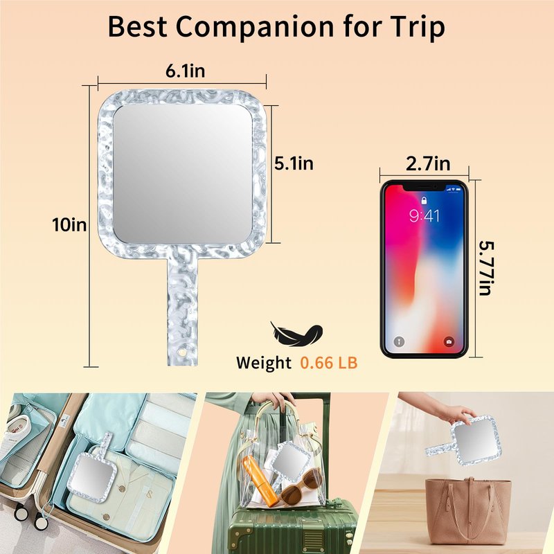 Famihomii Handheld Mirror with 1X/7X Magnification, Dual-Sided Magnification Hand Mirror, Hand Mirror with Handle, 10" x 6.1", Lightweight & Durable, Portable & Hangable for Makeup, Shaving - Clear