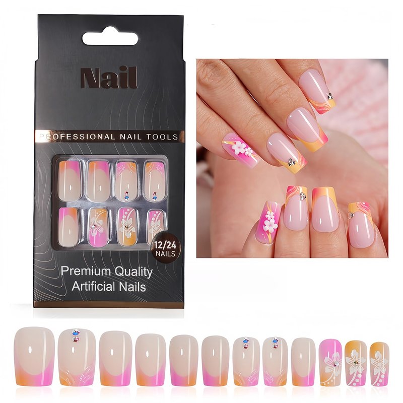 24Pcs Press on Nails Medium Square, Pink & Orange Ombre French Tip Fake Nails with 3D White Flowers & Rhinestones, Glossy Swirl Summer Acrylic Stick on Nails for Women & Girls