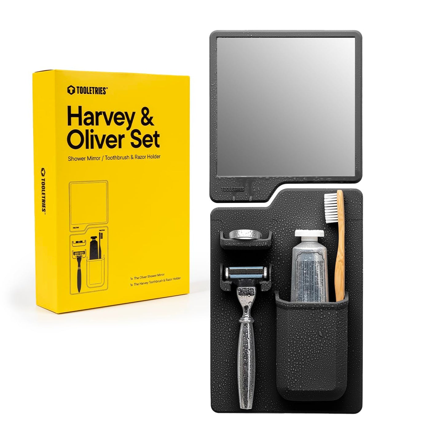 TOOLETRIES The Harvey & Oliver Set, Silicone Wall Mounted Bath & Shower Organizer with Clear-View Shatterproof Grooming & Shaving Mirror, Easy Installation, Removable & Reusable - Charcoal