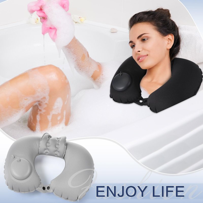 Colingmill 2 Pcs Inflatable Bath Pillows for Tub, U-Shaped Neck & Head Support Cushion, Portable Blow Up Travel Neck Pillow with Adjustable Button for Airplanes & Home Spa(Grey, Black)