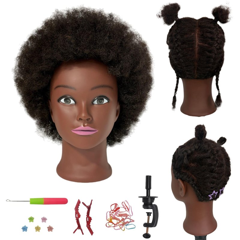 100% Human Hair Afro Curly Black Mannequin Head for Braiding, Cosmetology Training Mannequin Head with Stand for Hair Styling
