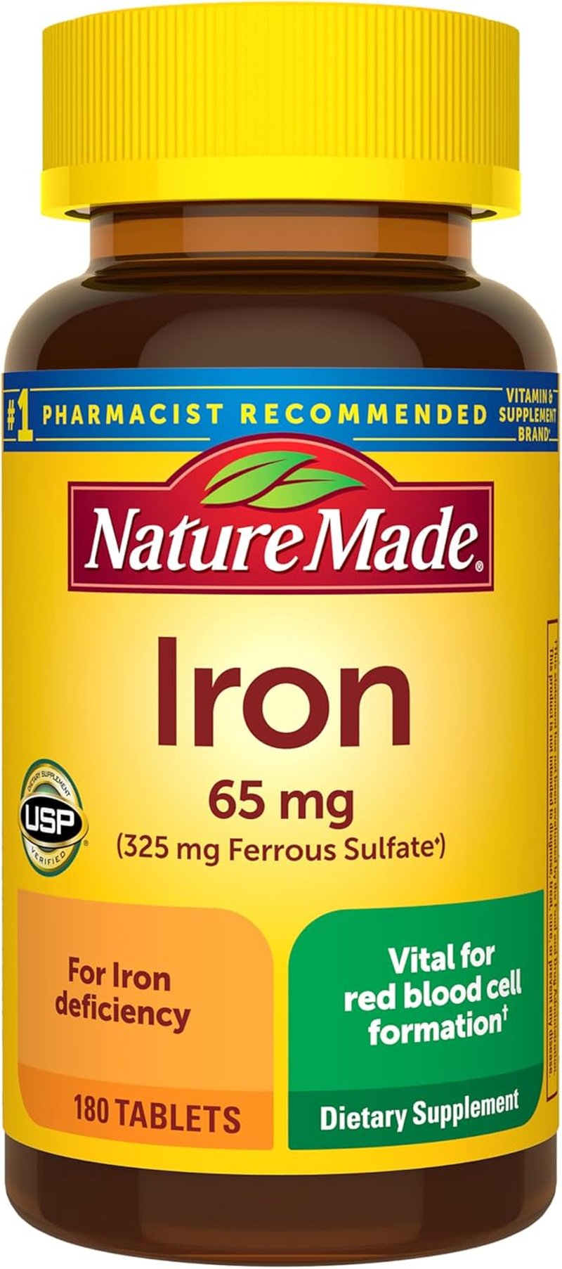 Iron Supplements for Red Blood Cell Support - Nature Made 65 mg Ferrous Sulfate | 180 Tablets