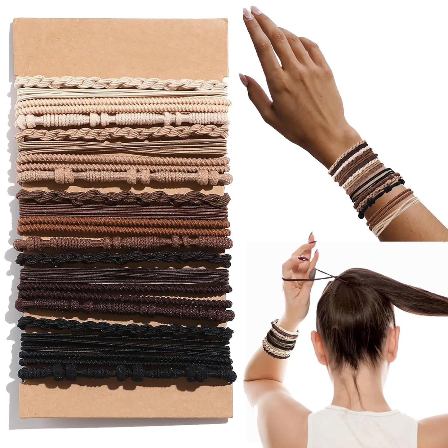 YONOY Boho Hair Ties for Women, 5 Styles Cute Tie Bracelet for Girls, No Damage Elastics for Thick Hair/Pony Tails，20 Pcs (Large Coffee)