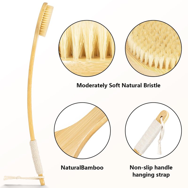 Back Scrubber Brush for Shower, 22" Curved Long Bamboo Handle Shower Brush, Antiskid Body Bath Brushes for Back Dry/Wet Brushing, Moderately Soft Natural Bristle Body Brush for Showering (Beige)