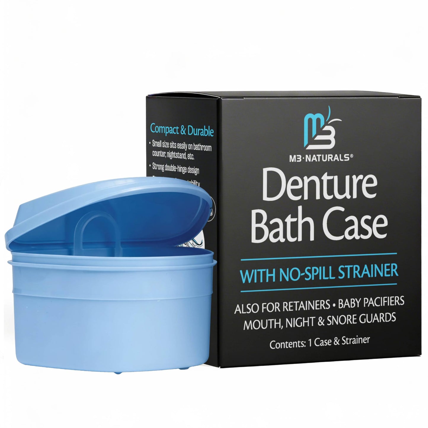 Denture Bath Case and Retainer Case, Denture Bath Cup for Invisalign Retainers Mouthguards Dentures Cleaner Kit with Strainer Spill-Free Portable Retainer Cleaner Case by M3