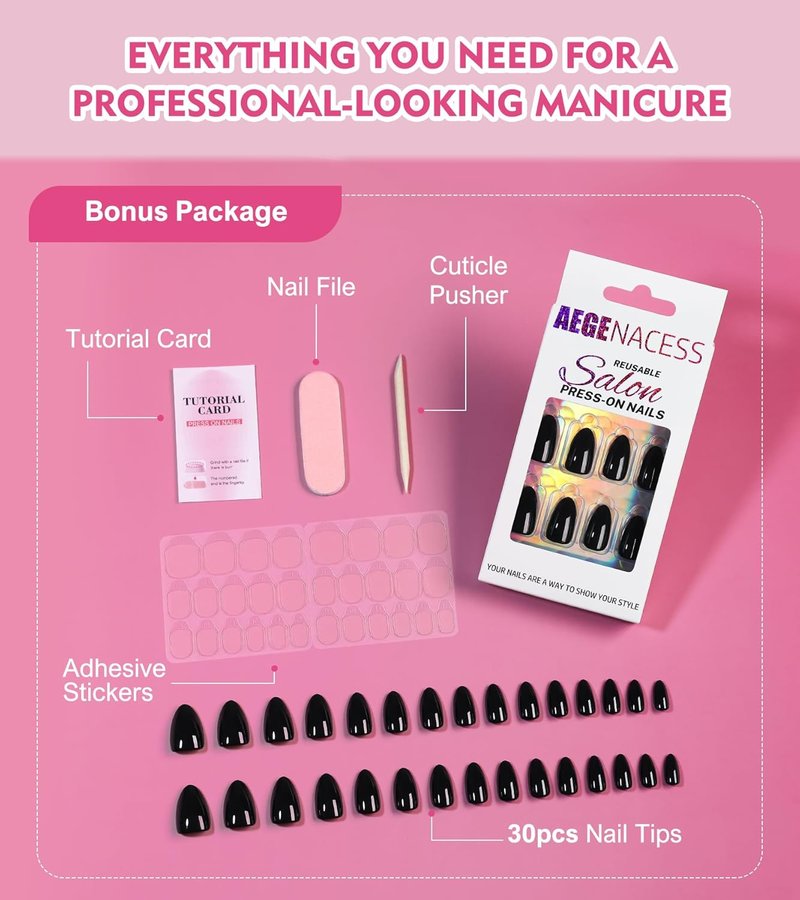 Press On Nails - Almond Short Stick-On Nail Kit | 30 Pcs in 15 Sizes for Effortless Style