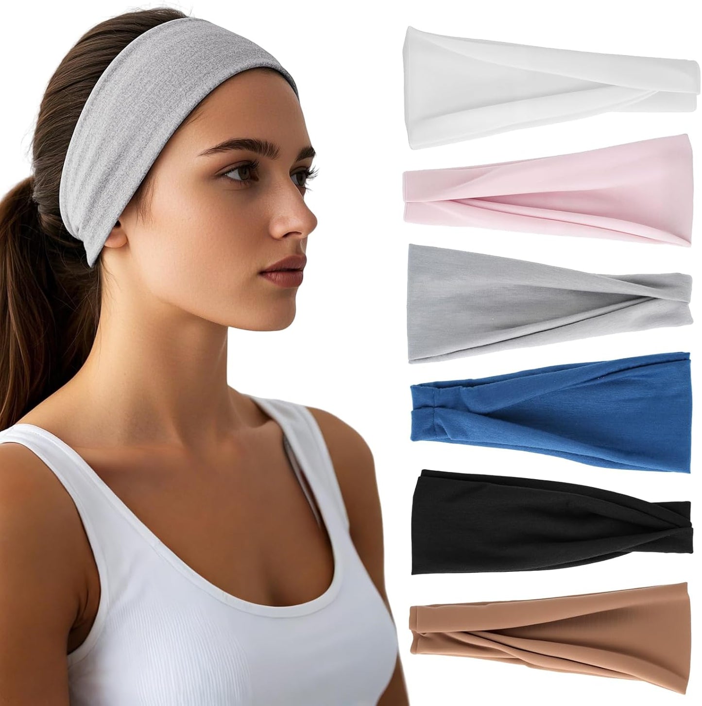 Wide Elastic Headbands for Women - 6 Pack Stretchy Non-Slip Hair Bands | Soft Sports Accessories for Workouts, Yoga, Daily Use